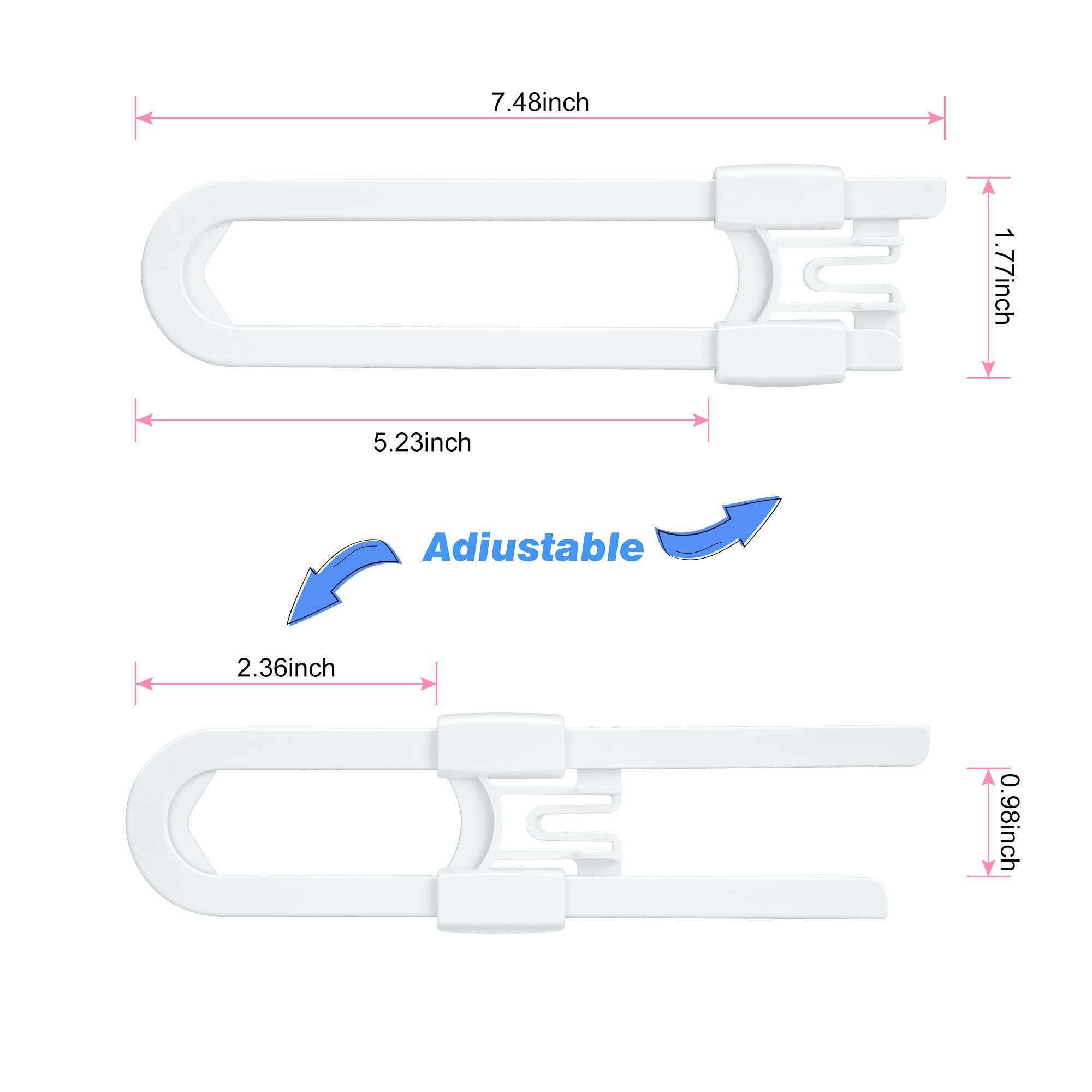 Vmaisi Baby Sliding Cabinet Locks - 4 Pack Adjustable U Shaped Child Safety Locks,Childproof Latches for Kitchen Bathroom Storage Cupboards Doors, Handles and Knobs White (4) 4