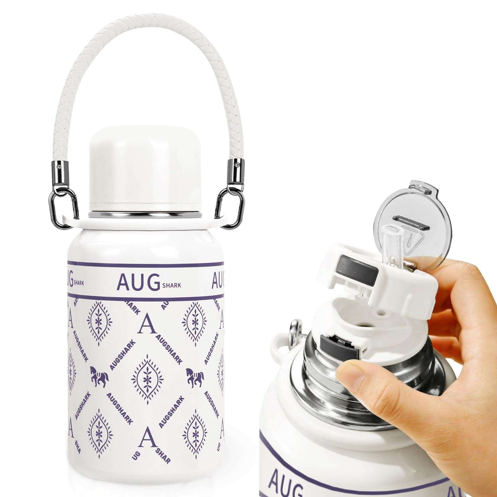 Augshark Insulated Tumbler with Straw, 32 oz Swig Sip Insulated Water Bottle with a Sharing Cup Lids, Leak Proof Double Wall Vacuum Stainless Steel Water Flask Jug with Handle, Keep Cold 24H, Non-BPA 1