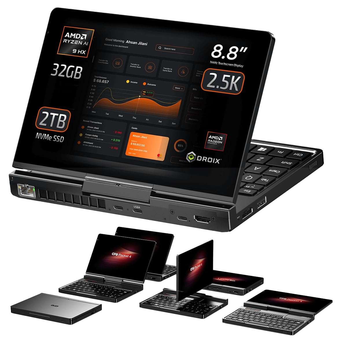 GPD Pocket 4: Mini Laptop with AMD Ryzen AI 9 HX 370 CPU, Radeon 890M GPU, 32GB LPDDR5X RAM, 2TB PCIe Gen4 SSD, 8.8 Inch 2.5K 144Hz Display, Wi-Fi 6E, Bluetooth 5.3, Modular AI Handheld PC 1