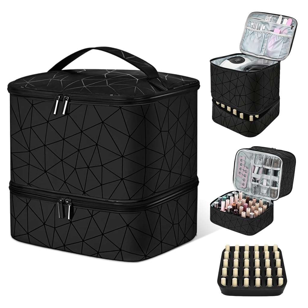 Fennec Mart Travel Nail Polish Organizer Bag Large Capacity Double Layer Makeup Case for 30 Bottles Nail Art Tool Storage with Handle, Customizable Compartments Multi Pouches for Travel (Black) 1