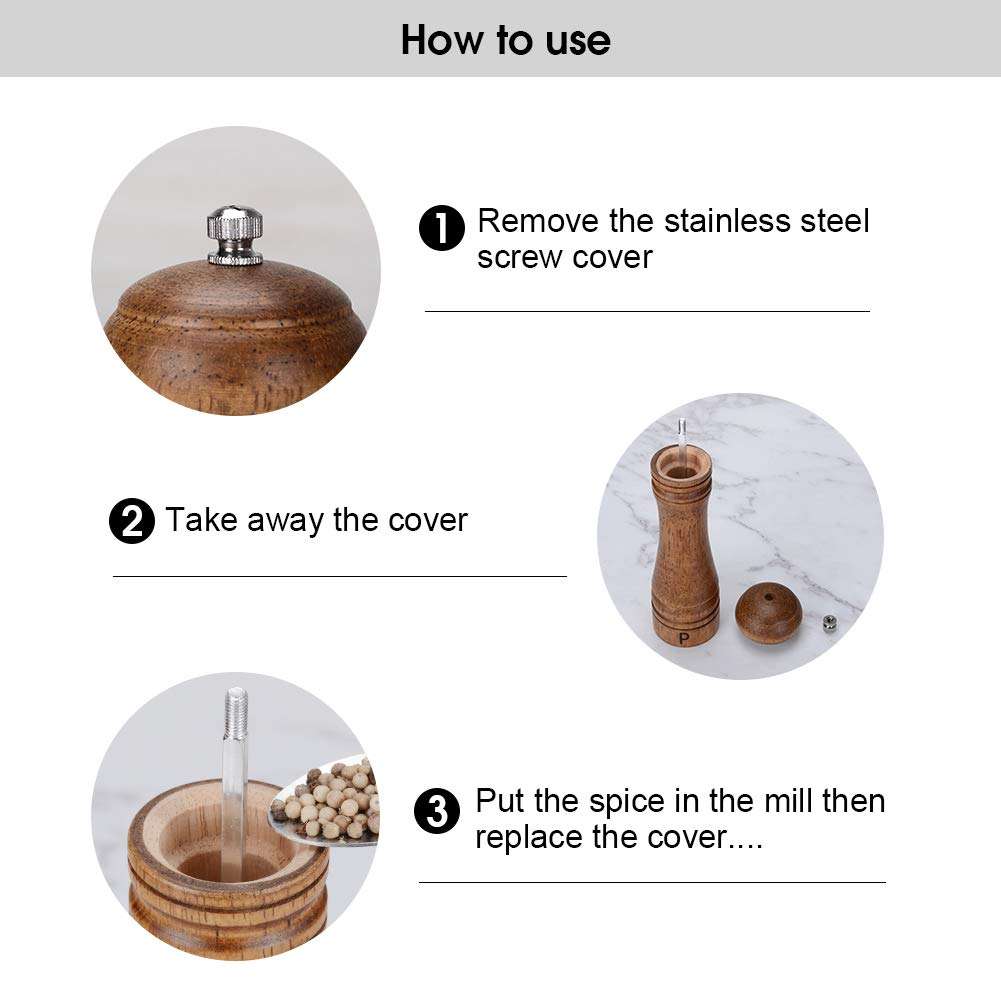 Haomacro Salt and Pepper Mill Set, Wooden Salt and Pepper Grinders, Shakers with Ceramic Core- 8 Inches -Pack of 2 4