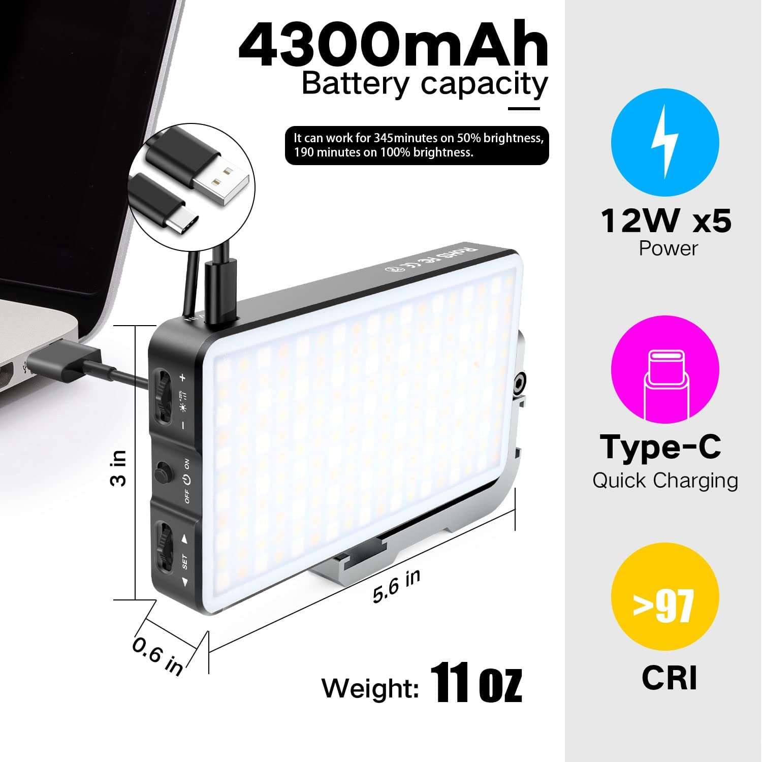 IVISII G2 Pocket RGB Camera Light,32Wh Built-in 4300mAh Rechargeable Battery 360°Full Color Gamut 9 Light Effects,2600-10000K LED Video Light Panel with Aluminum Alloy Body, Adjustable Tripod Stand 5