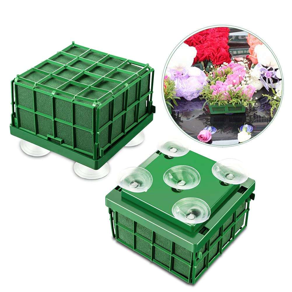 Xiaokeis 2 Floral Foam Cage with Suction Cups for Flower Arrangements, Square Floral Foam Cage Flower Holder for Fresh Flower Arrangement and Wedding Car Decorations(Green) 5