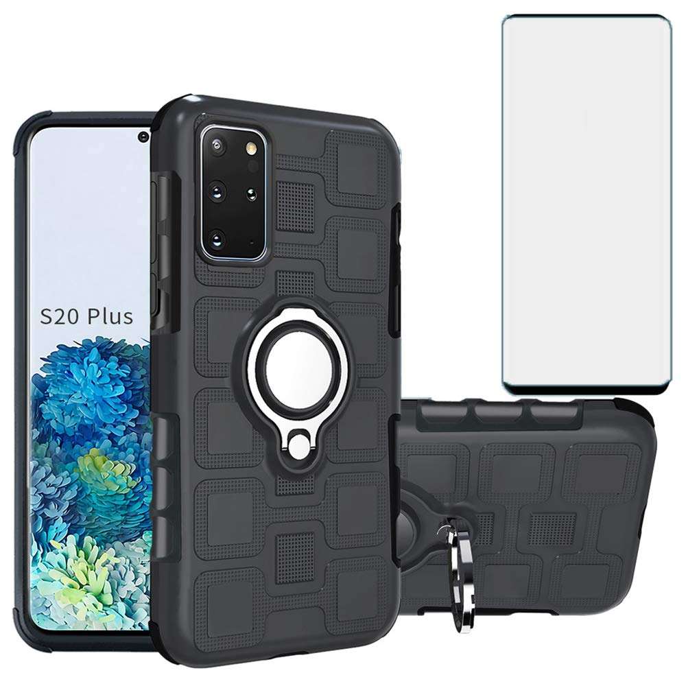 Phone Case for Samsung Galaxy S20 Plus Glaxay S20+ 5G with Tempered Glass Screen Protector Cover and Stand Ring Holder Hybrid Hard Cell Accessories Gaxaly S20+5G S20plus 20S + S 20 20+ G5 Cases Black 1