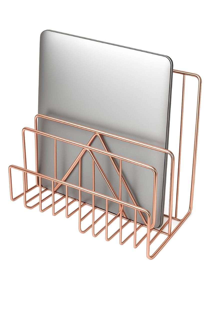 CentraLit File & Magazine Holder - Book Shelf Organiser Small book shelf for table Metal Letter Organiser with 3 Compartments,Letter Document Sorter (Rose Gold),Free Standing,Accent Shelf 4
