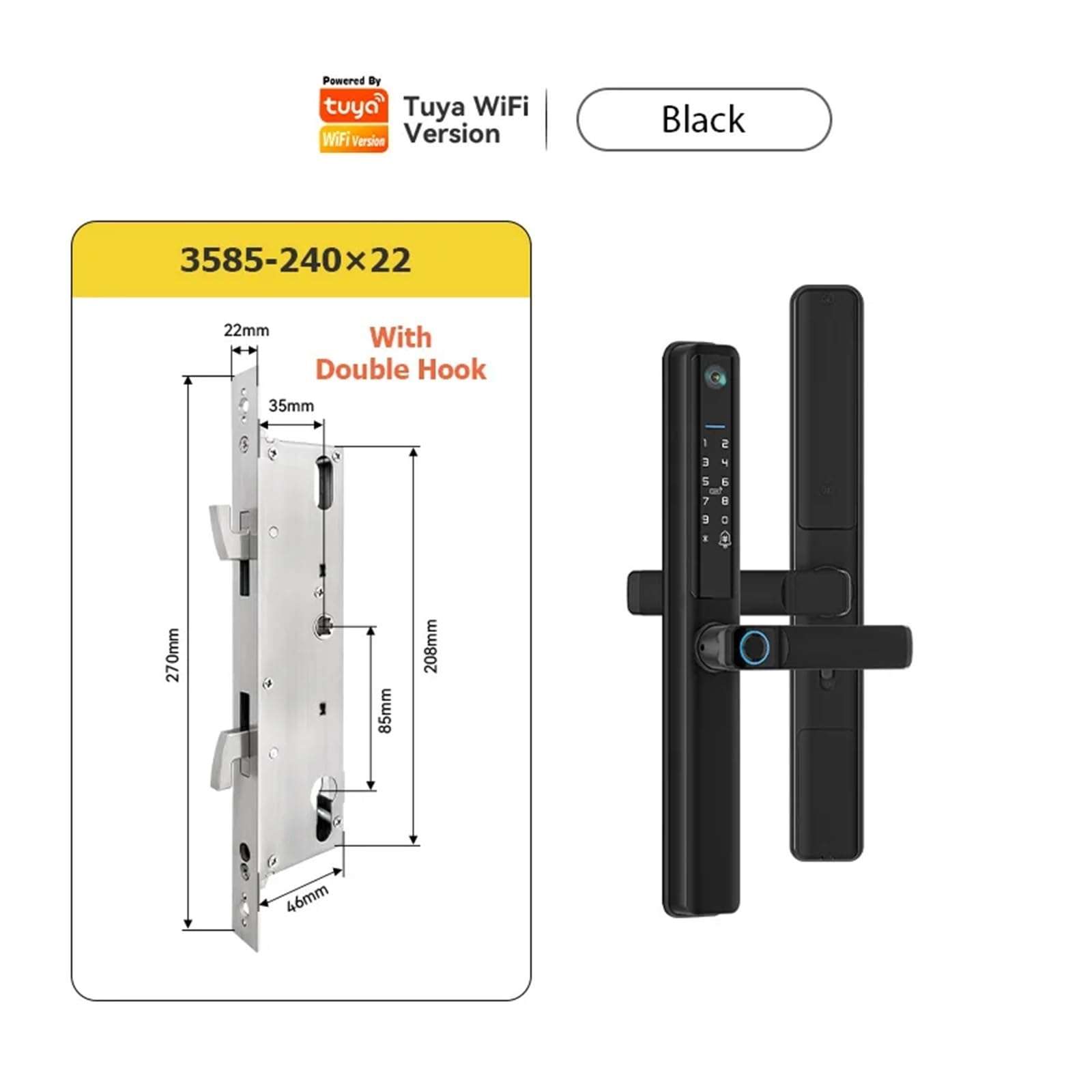 KIEEQGAK Tuya WiFi Slim Smart Lock，with Camera for Sliding Glass Aluminum Door，Waterproof Biometric Fingerprint Electronic Glass Locks(Black 3585 Hook) 3