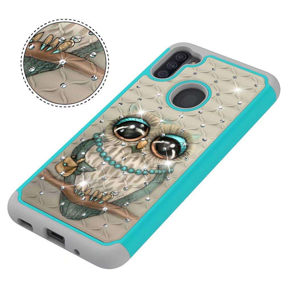 Lantier Heavy Duty Glitter Bling Hybrid Dual Layer 2 in 1 Hard Cover Soft TPU Impact Armor Defender Protective Shockproof Diamond Case for Samsung Galaxy A21 Owl 4
