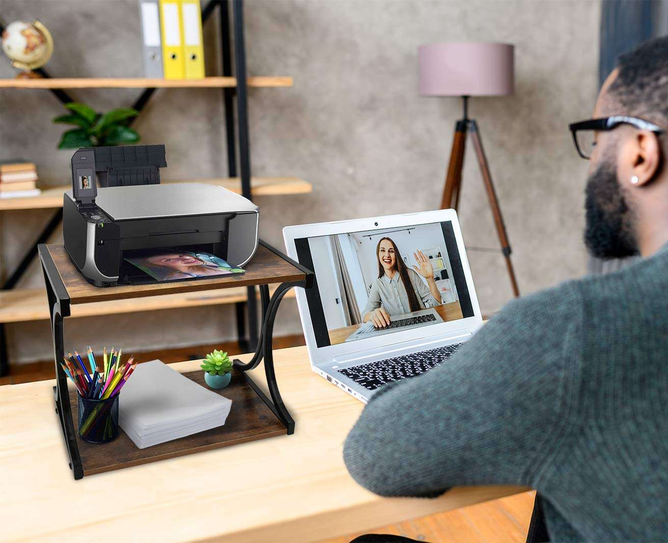 Updesign Vintage Large Size Desktop Printer Stand, Home and Office Desktop Organization Stand with Shelf, 2 Tier Wood Desk Stand and Organizer for Printers, Fax Machine, Scanner, Office Supplies 5