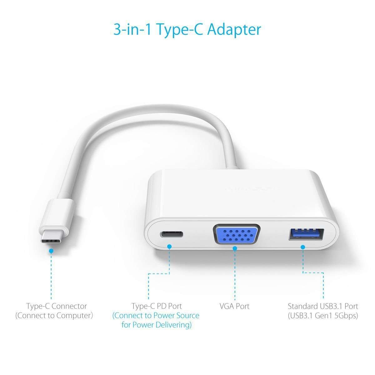 MICROWARE USB-C USB 3.1 Type C to VGA Monitor & USB OTG & Charger Adapter 3