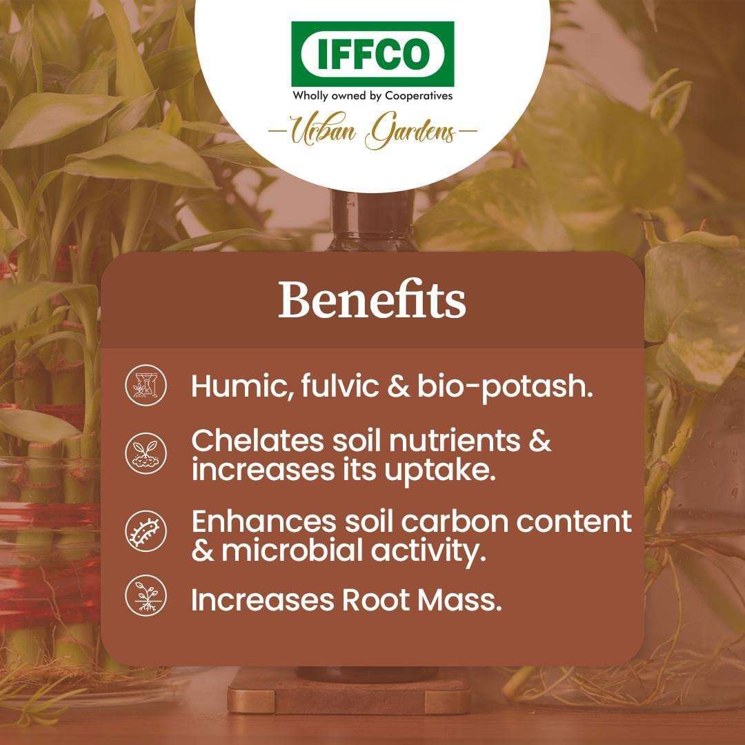 IFFCO Urban Gardens - Humic Secret - 1 Litre - Humic Acid + Fulvic Acid + Bio-Potash - Organic Liquid Fertilizer for Plants, Soil Conditioner & Root Growth Promoter - 100% Water Soluble 5