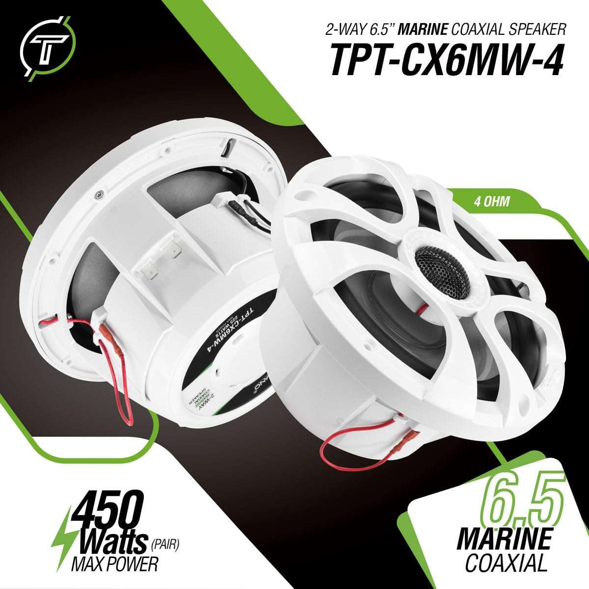 Timpano 6.5 Marine Speakers 450 Watt Per Pair TPT-CX6MW-4 Coaxial 2 Way Waterproof Speakers, 1 Pair, White, Weather Resistant Marine Speakers 6.5 Inch for Boat, ATV or RV Speakers, Bocinas Marinas 2