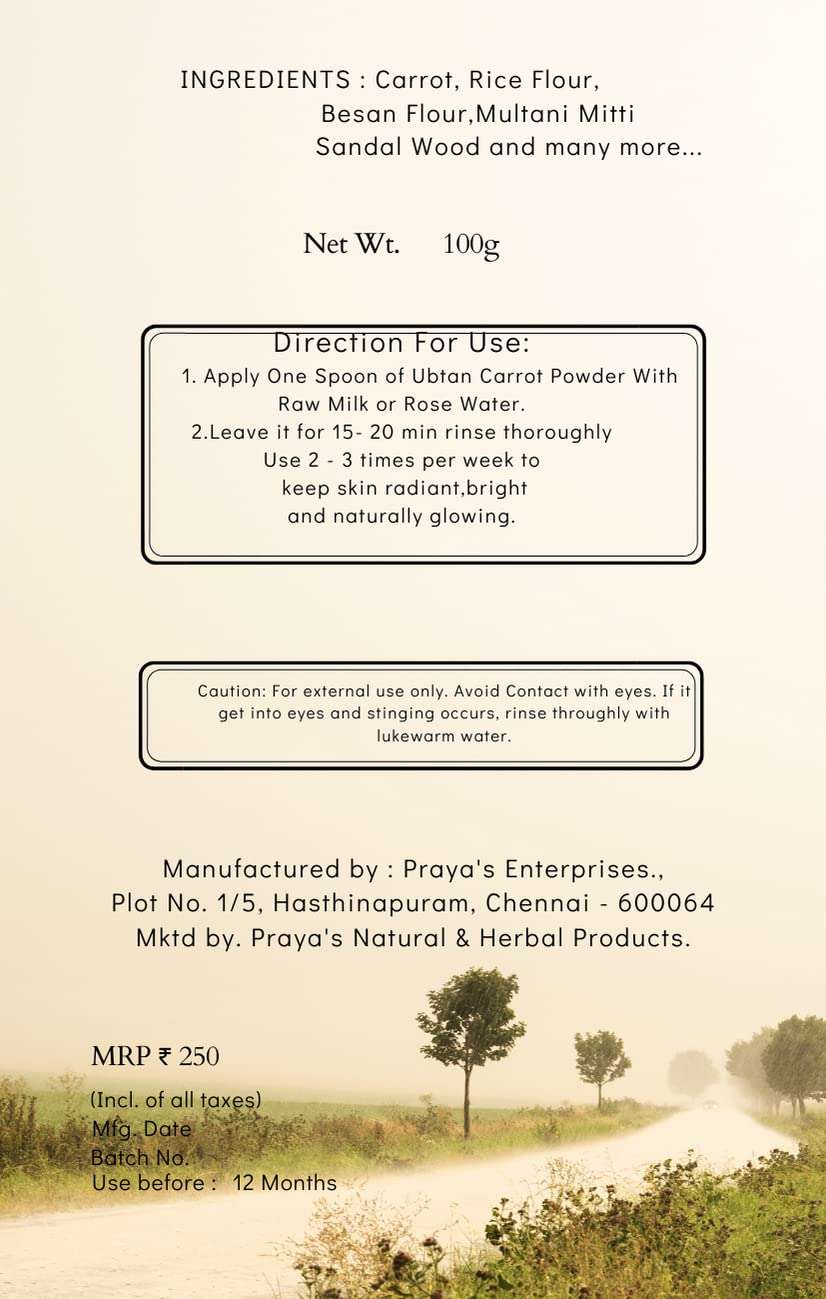 Praya’s Natural Carrot Ubtan Face Pack- Extract for Glowing & Brightening Skin Suitable for Normal to Oily - For Men and Women. 5