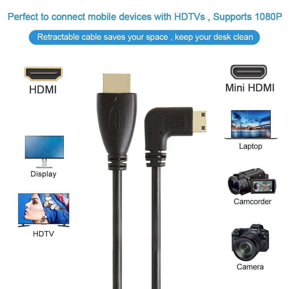CableCreation Mini HDMI to HDMI Coiled Cable, 5 Feet Coiled 90 Degree Right Angle Mini-HDMI Male to HDMI Male Converter Cable, Support 1080P Full HD, 3D, 1.6M, Black 4