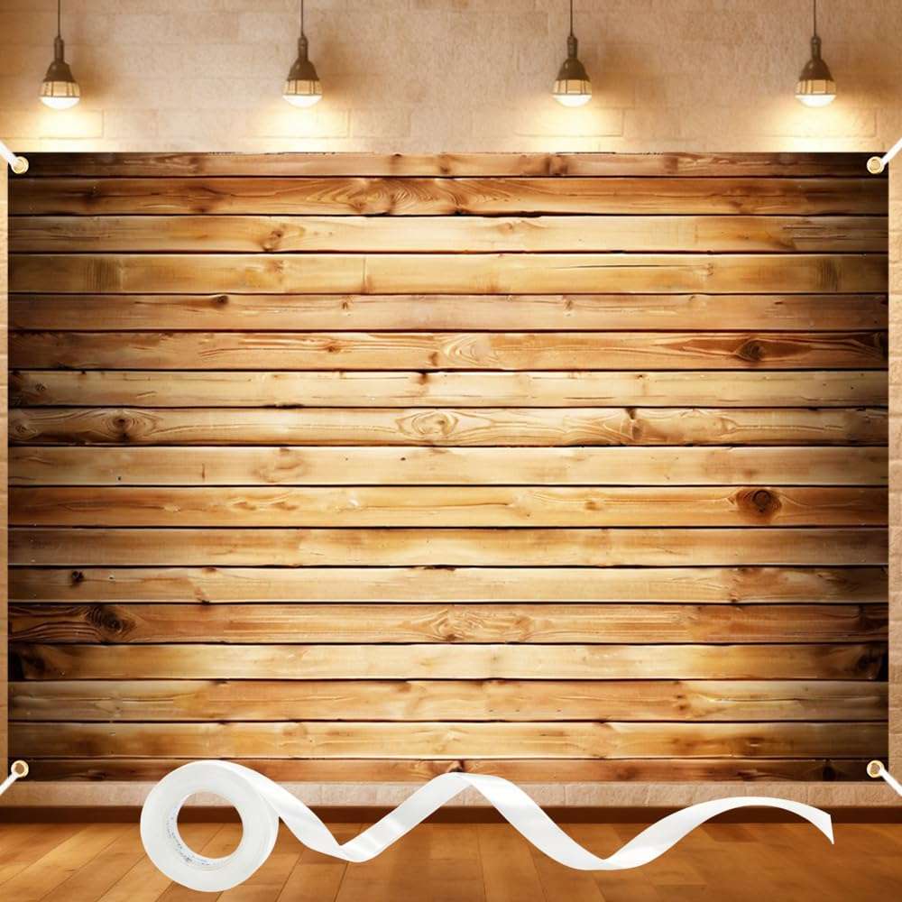 7x5FT Wooden Backdrop with Ribbon & 4 Brass Grommets, Rustic Wood Backdrop for Photography, Vintage Brown Wood Wall Background for Baby Shower, Wedding, Birthday, Party Decorations 1