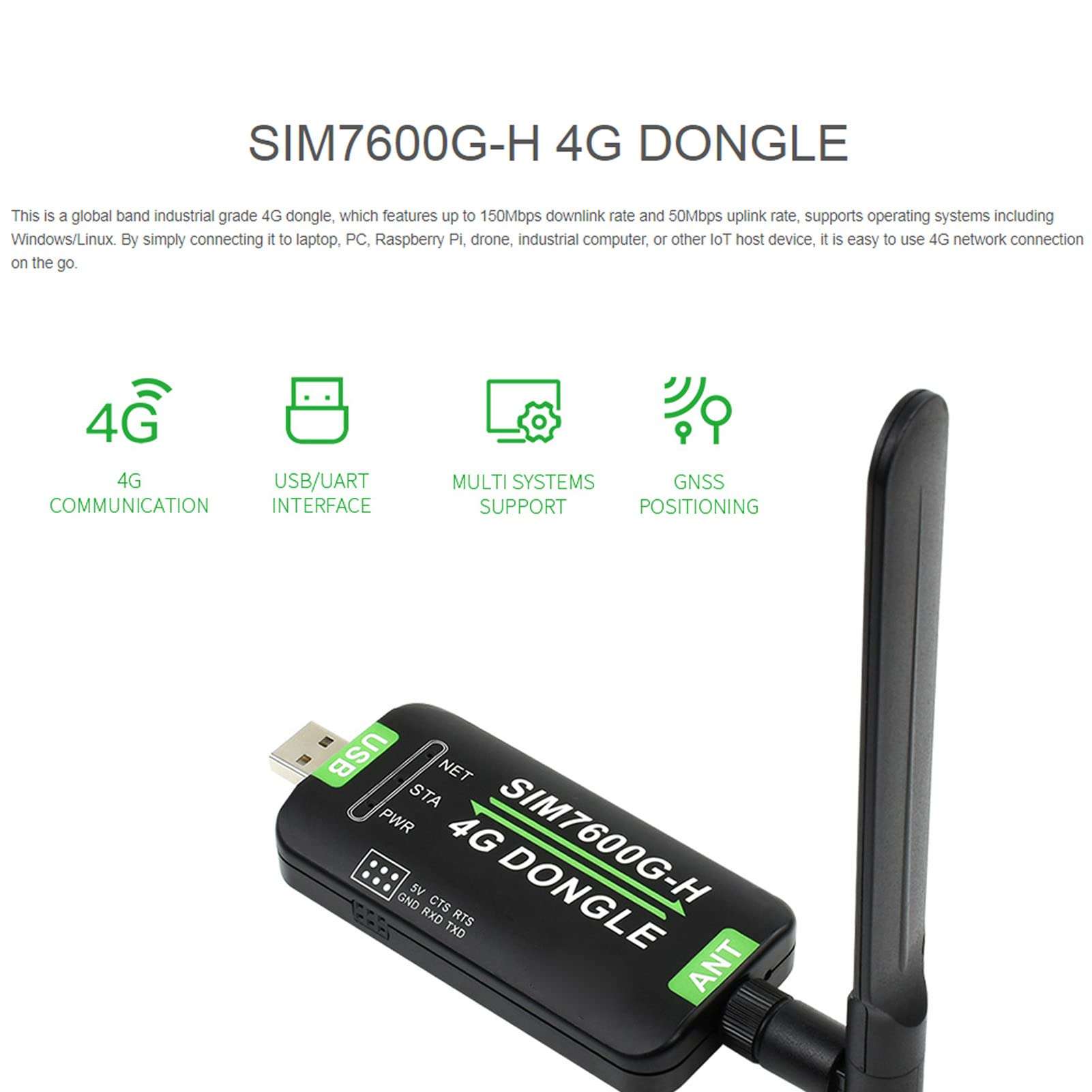 FOSA SIM7600G H 4G DONGLE LTE USB Adapter USB UART Communication 4G DONGLE Module Support 2G 3G 4G 50Mbps Uplink 150Mbps Downlink, Universal Computer Net Accessories 5
