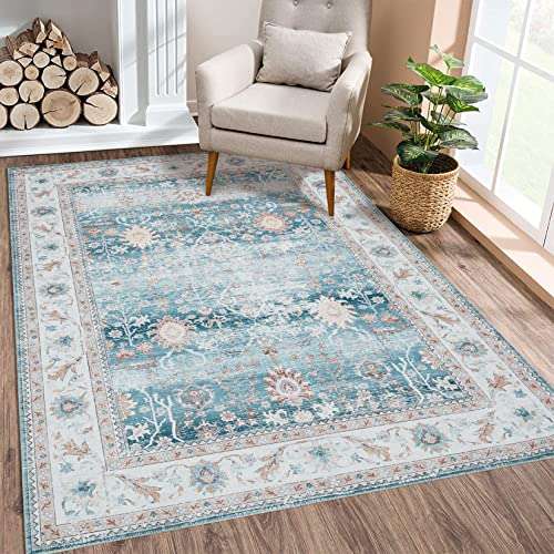 RUGSREAL Washable Rug 4x6 Vintage Print Distressed Carpet Foldable Indoor Floor Cover Non Slip Non-Shedding Throw Rug Lightweight Thin Rug for Bedroom Living Room, 4'x6', Blue 1