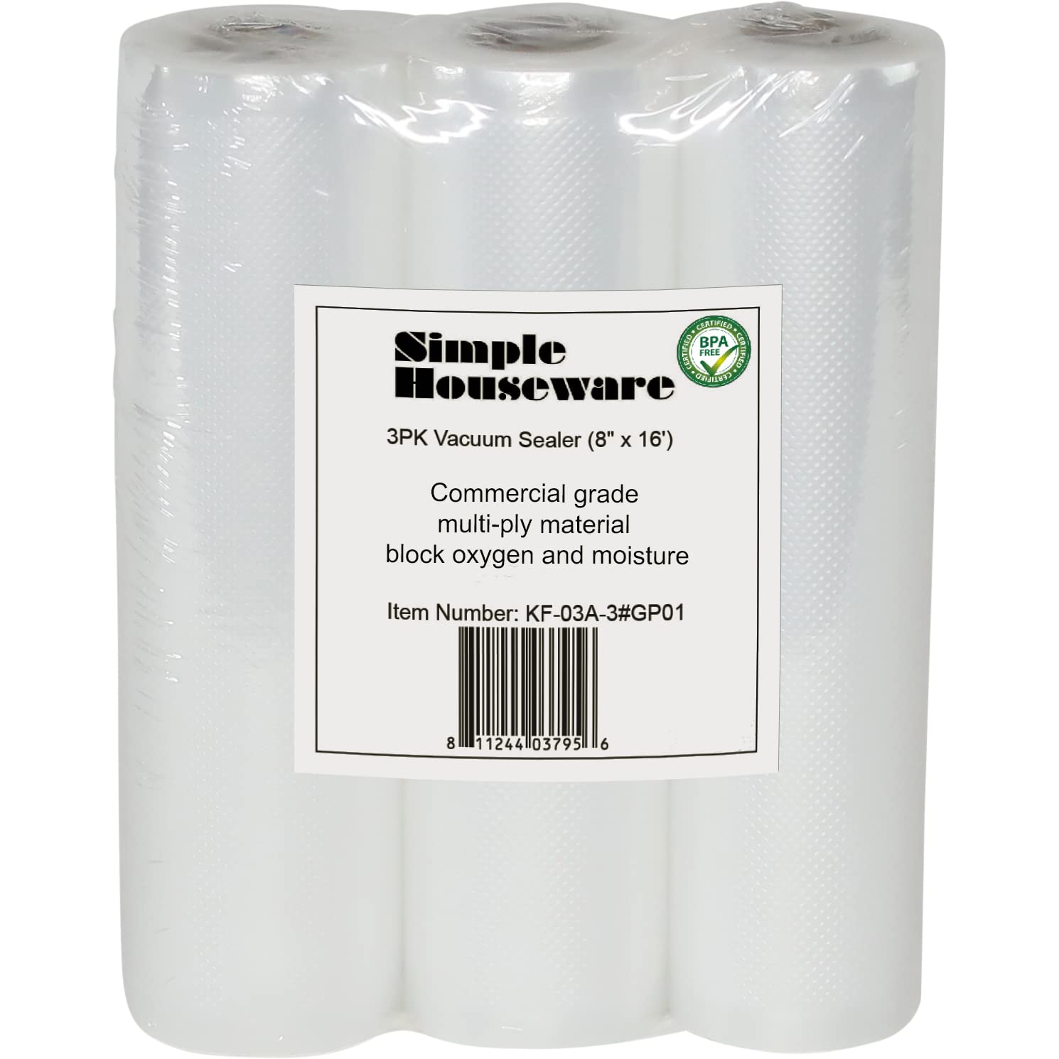 Simple Houseware Vacuum Sealer Bags 8'' x 16' Sous Vide Roll, 3-Pack