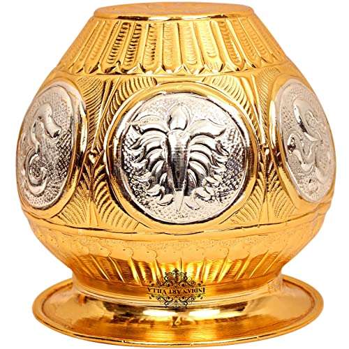 INDIAN ART VILLA Gold & Silver Polished Swastik Design Copper Lota Kalash, Pooja Temple Home Office, Diameter 3.5", Silver & Gold 4
