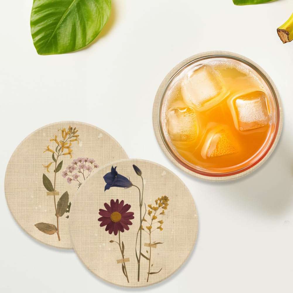 ANATTASOUL Coasters Set of 9 Vintage Flowers and Plants Pattern Colorful Wooden Coasters Bulk Round Housewarming Gift for New Home, 3.9" Decorative Coffee Table Protection for Farmhouse Bar Decor 3
