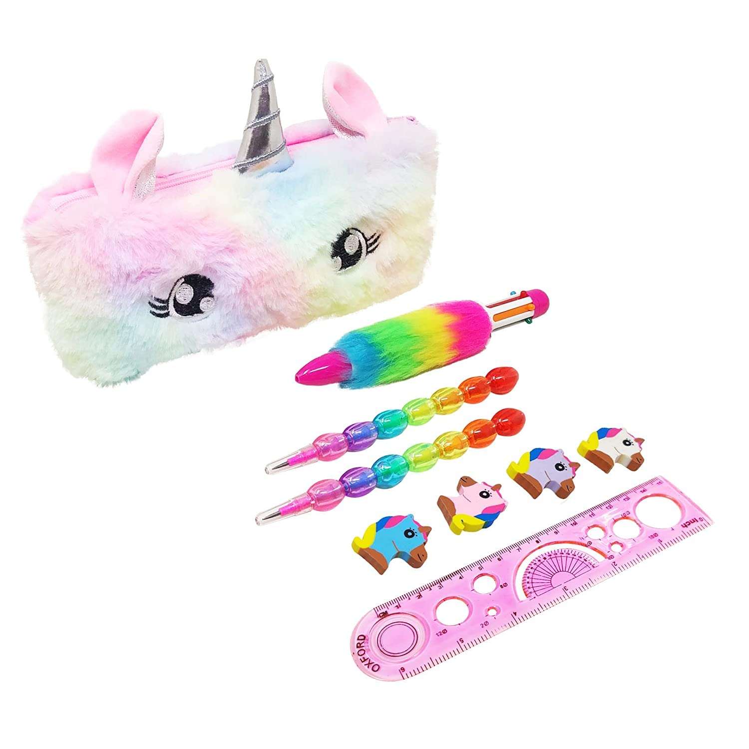 MKY® Unicorn (Combo of 6 Items) 1 Fur Pouch, 1 Fer Pen, 2 Pencils, 1 Scale and 1 Packet Unicorn Eraser for Kids (Multicolor) 1