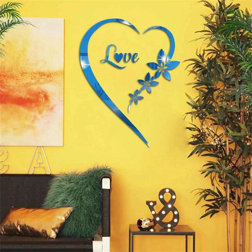 Bloepum 2pcs Love Acrylic Mirror Stickers Heart-Shaped Bedroom Living Room TV Background Wall Home Decoration Red 6