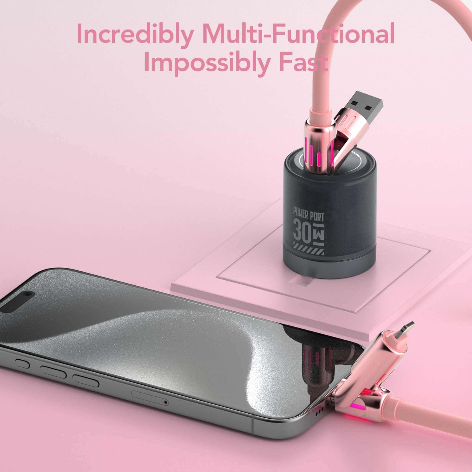 MFish 4-in-1 Multi USB Charging Cable -MAX 240W Fast Charging/Charger Cord with USB A+Type C for iPhone 16/15 14 13 iPad Samsung Galaxy MacBook iPad Tablets and More (Pink, 6.6Ft) 5