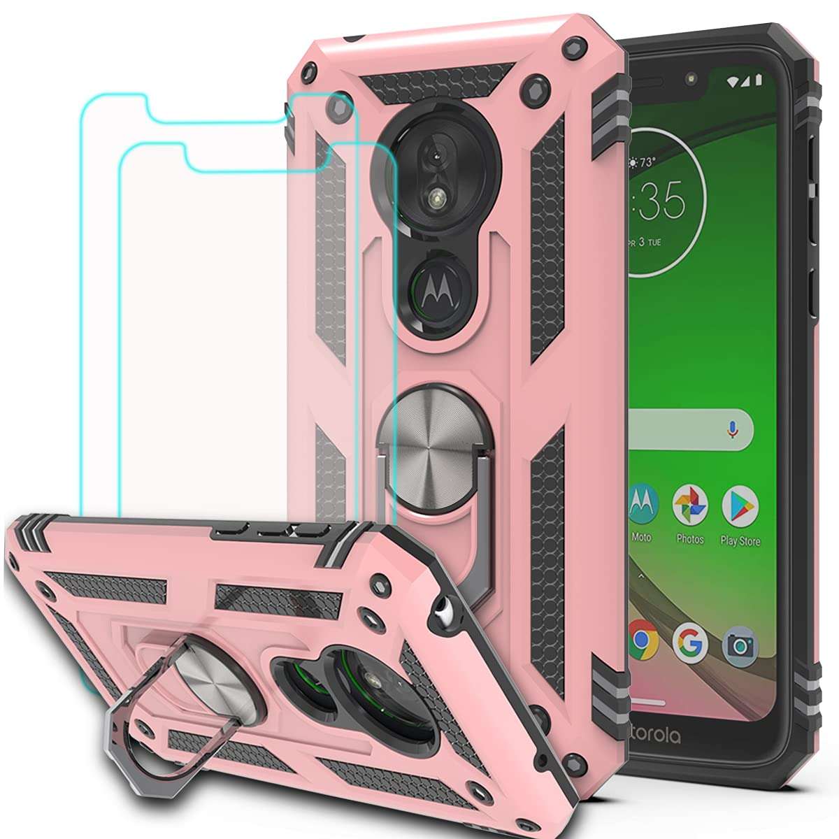 Moto G7 Play Case with HD Screen Protector (2Pack) KaiMai 360 Degree Rotating Ring & Bracket Dual Layers of Shockproof TPU and Solid PC Phone Case for Motorola Moto G7 Play-Rose Gold 1