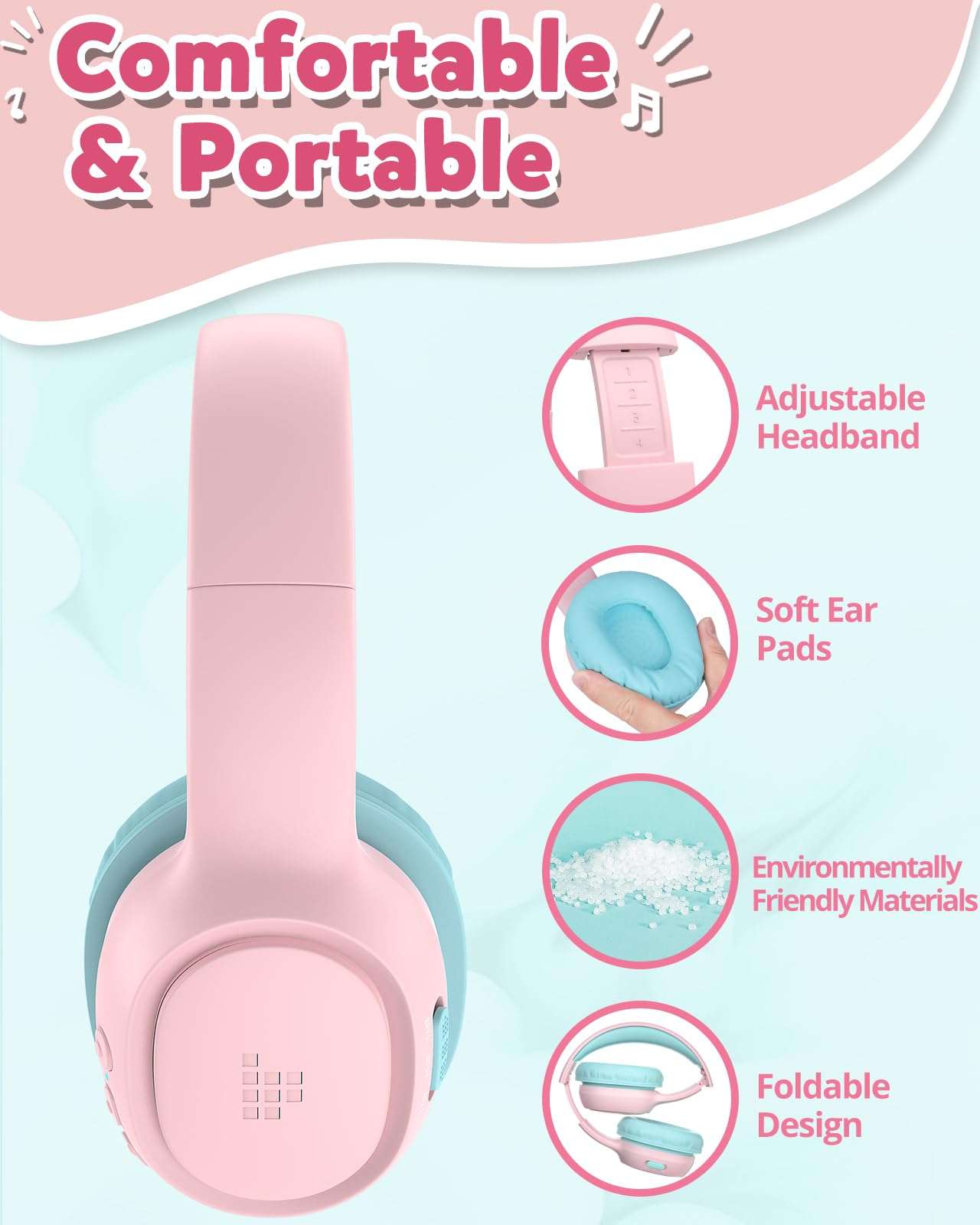 Tronsmart KH02 Kids Bluetooth Headphones Volume Limit 74/85/93dB, 45H Playtime, Bluetooth 5.3, 3.5mm Jack, Foldable, Wireless Headphones with Microphone for School/Travel/Plane (Princess Pink) 6