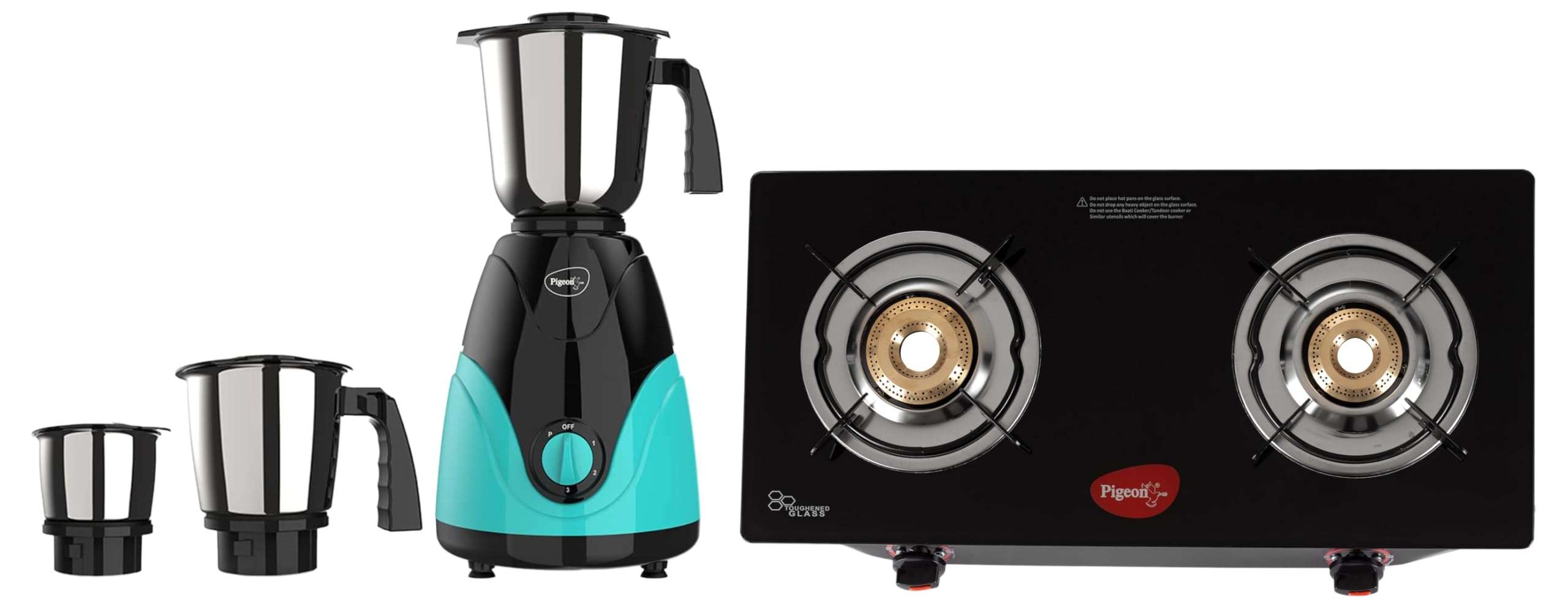 Pigeon Zest Mixer Grinder 3 Speed Control 750 Watt Powerful Copper Motor with 3 Jars - Blue & Pigeon Aster Gas Stove 2 Burner with High Powered Brass Burner, black (14266) 1