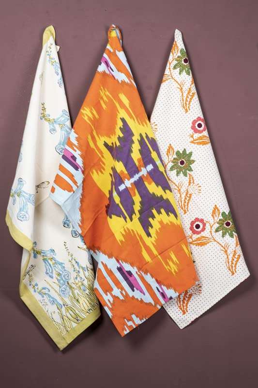 CONTRAST LIVING Tara Hand Block Printed Kitchen Towel/Dish Towel/Hand Towel Multi Color Set of 3 Pcs 1