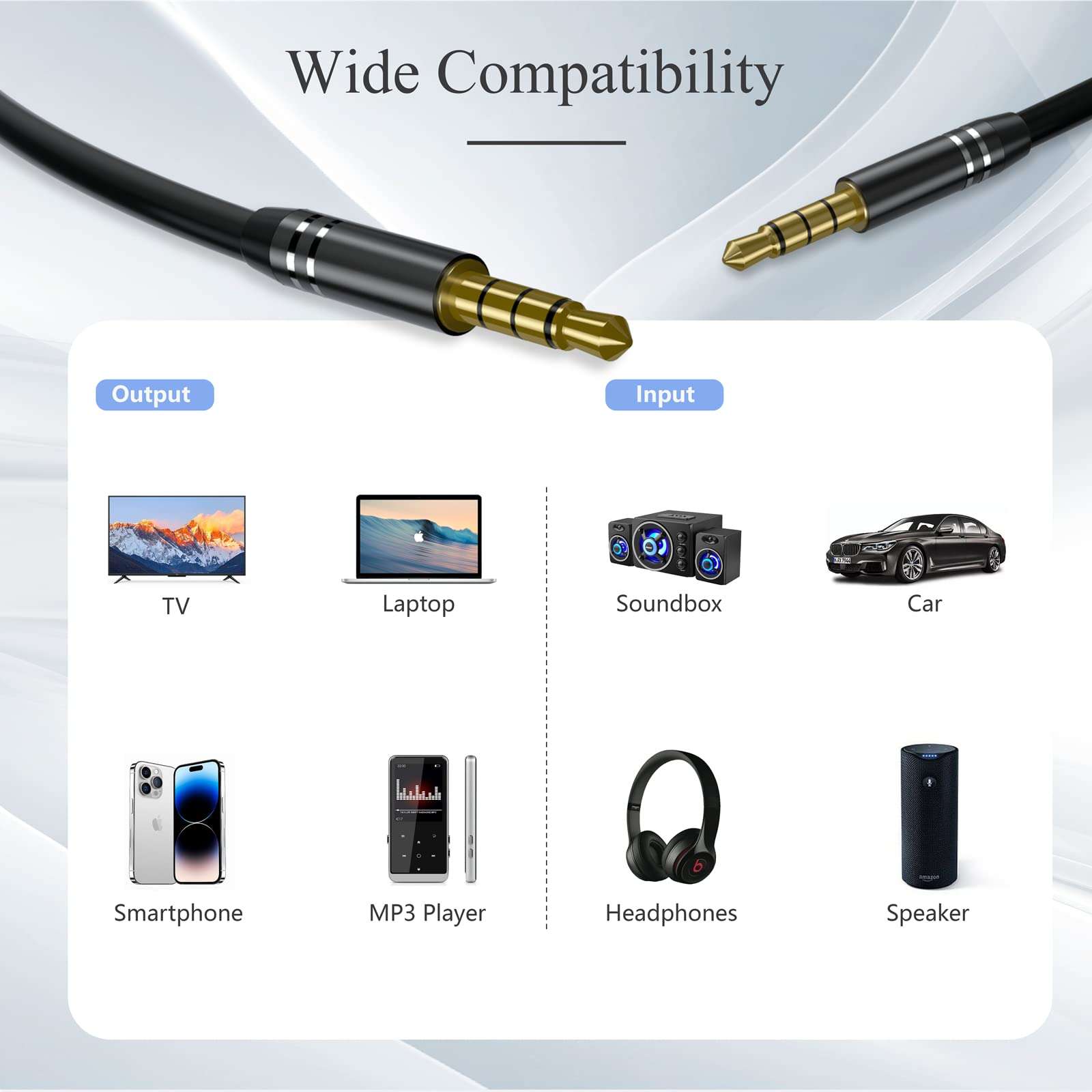 Jeselry 2 Pack 3.5mm Audio Cable Male to Male (4Ft/1.2M), 4 Pole Hi-Fi Stereo AUX Cord, Audio Jack Auxiliary Cord Extension Adapter for Headphones, Car and All 3.5 mm Enabled Devices - White 5