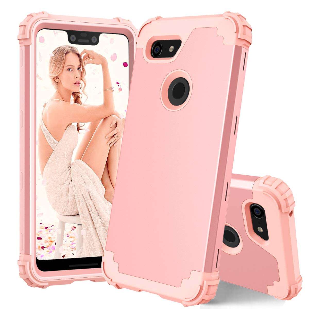 Casetego Compatible with Google Pixel 3 XL Case,Three Layer Heavy Duty Hybrid Sturdy Shockproof Protective Cover Case for Google Pixel 3 XL,Rose Gold 1