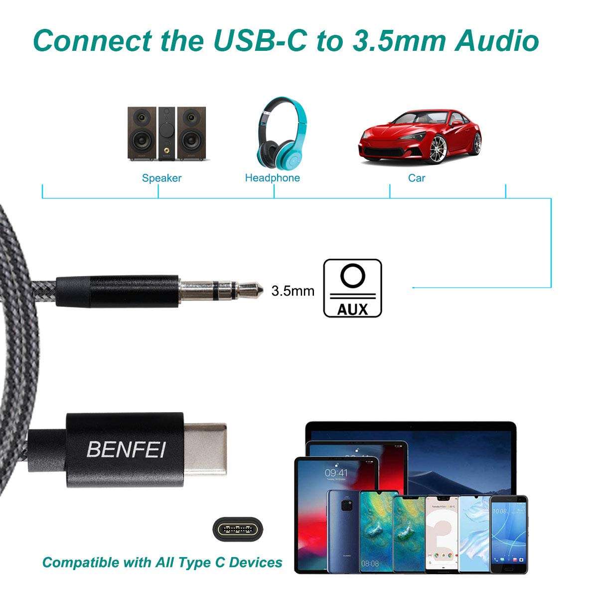 USB-C to 3.5mm Headphone Jack Cable, USB Type-C to 3.5mm Adapter Nylon Cable [DAC Hi-Res] Compatible with iPad Pro New 2018,Pixle 2/XL/3,HTC,Samsung S8/S9/Note 8-3 Feet Black 2