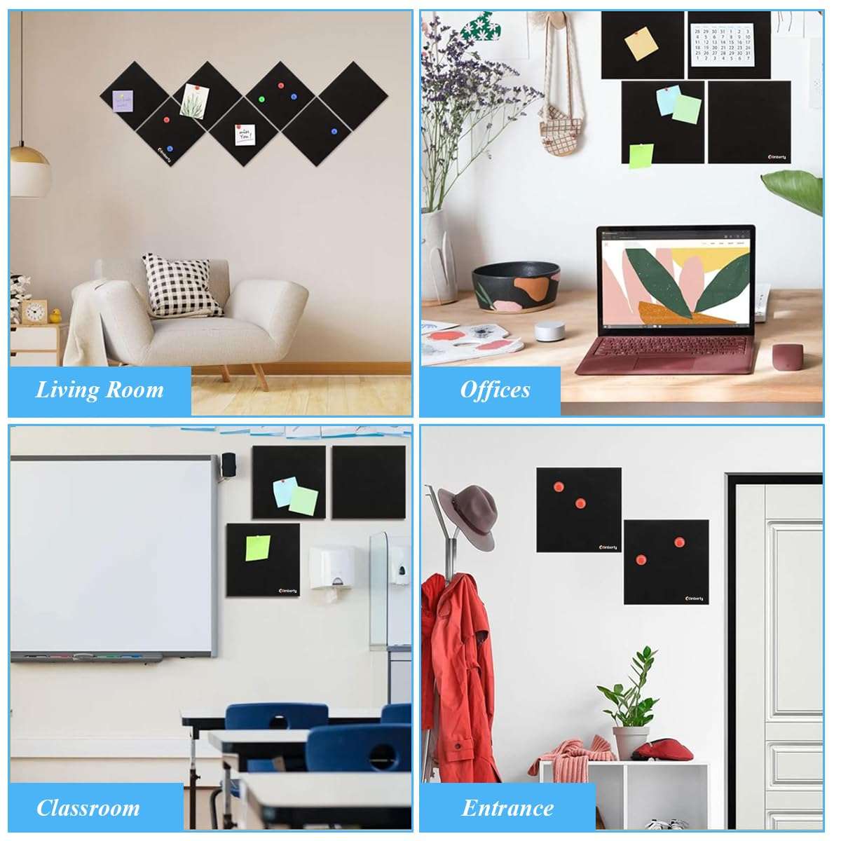 Climberty® 6Pcs Black Felt Bulletin Board, 30x30cm Self-Adhesive Wall Boards with 50pcs Drawing Pins, Felt Message Board for Paste Notes, Photos, Schedules (Black) 6