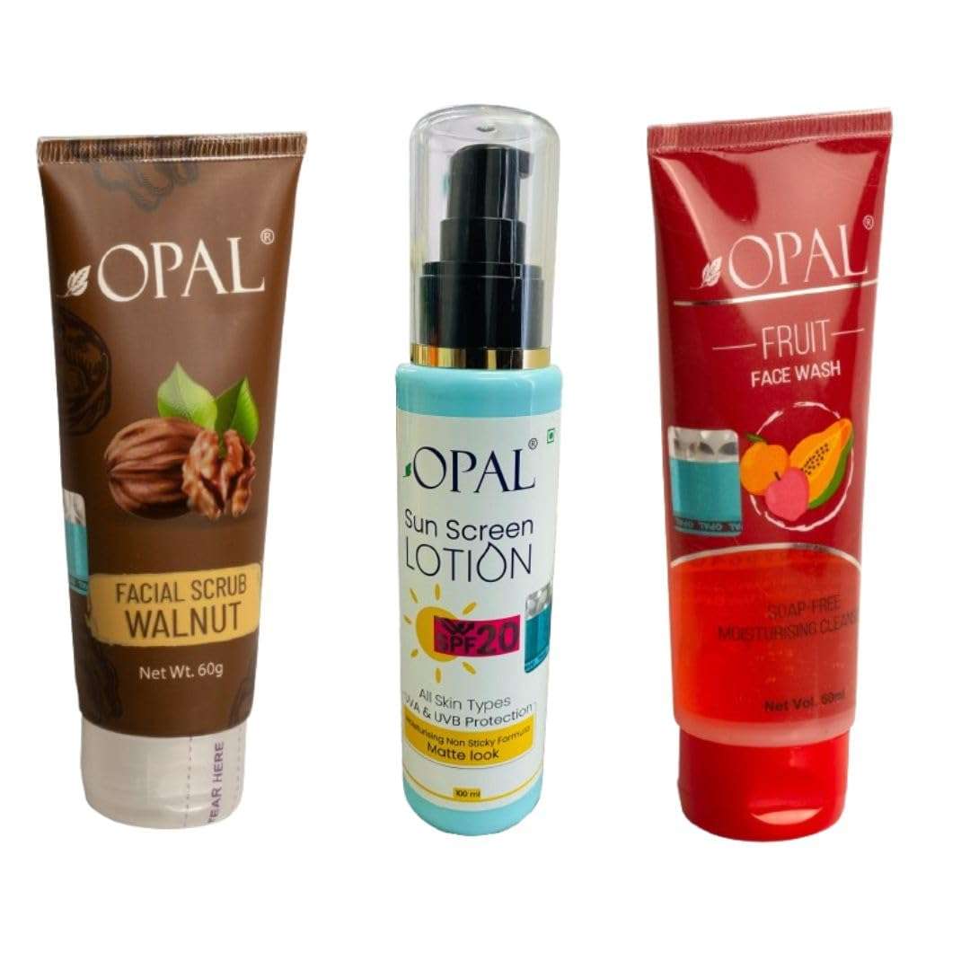 OPAL Pack of 3 Included Walnut Scurb (60gm), Sunscreen Lotion 20 SPF (100ml), Fruit Face Wash (60gm) for Deep Cleansing & Refreshing Skin - Summer Sun Protection Skin Care Scrub | Glowing | Radiant Skin 1