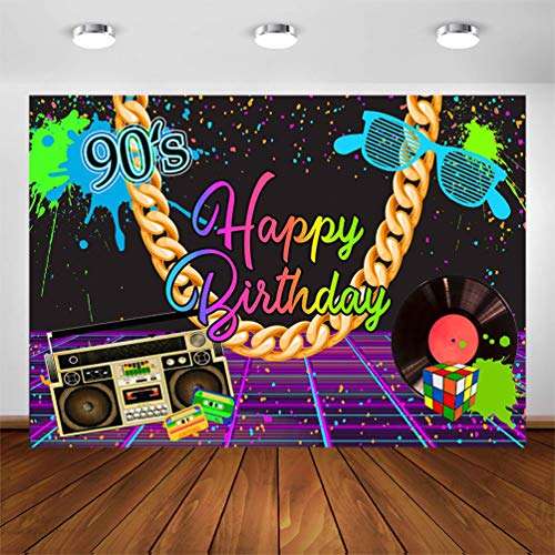 Avezano 90s Theme Birthday Party Backdrop 7x5ft Retro Hip-Hop Graffiti 90'S Birthday Neon Party Photography Background Back to The 90s Birthday Decoration Banner (7x5ft) 1
