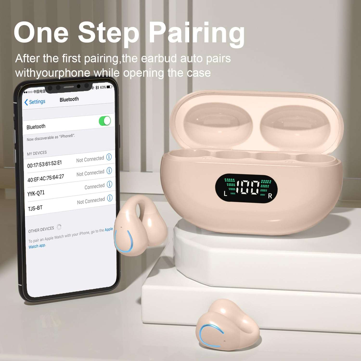 Open Ear Bone Conduction Headphones Wireless Clip On Earbuds with Digital Display Charging Case 60 Hours Playtime Bluetooth 5.3 Sport Earphones Built-in Mic IPX7 Waterproof for Running（Khaki Color） 2