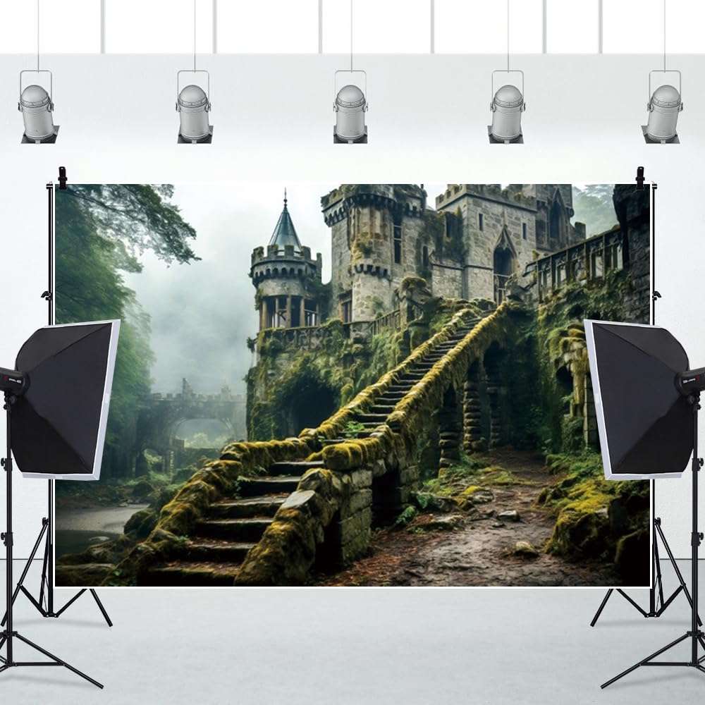ChloropLastid 10x8ft Enchanted Castle Backdrop Medieval Forest Vintage Smoky Green Jungle Trees Meadow Magic Mysterious Photography Background Adventure Camping Drama Show Party Decor 5