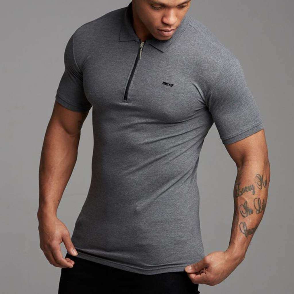 Men Shirts Fashion Short Sleeve Slim Fit Sports Bodybuilding Fitness Muscle Cotton Polo T Shirts Tops (M, Gray) 4