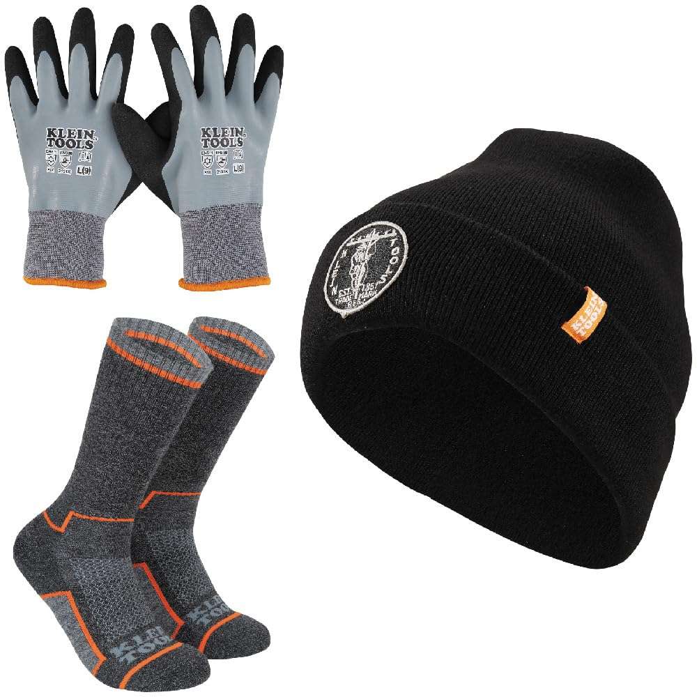 Klein Tools 80111 Winter Knit Hat Kit Features Knit Beanie, Thermal Dipped Winter Gloves and Performance Thermal Socks, Large, 3-Piece 1