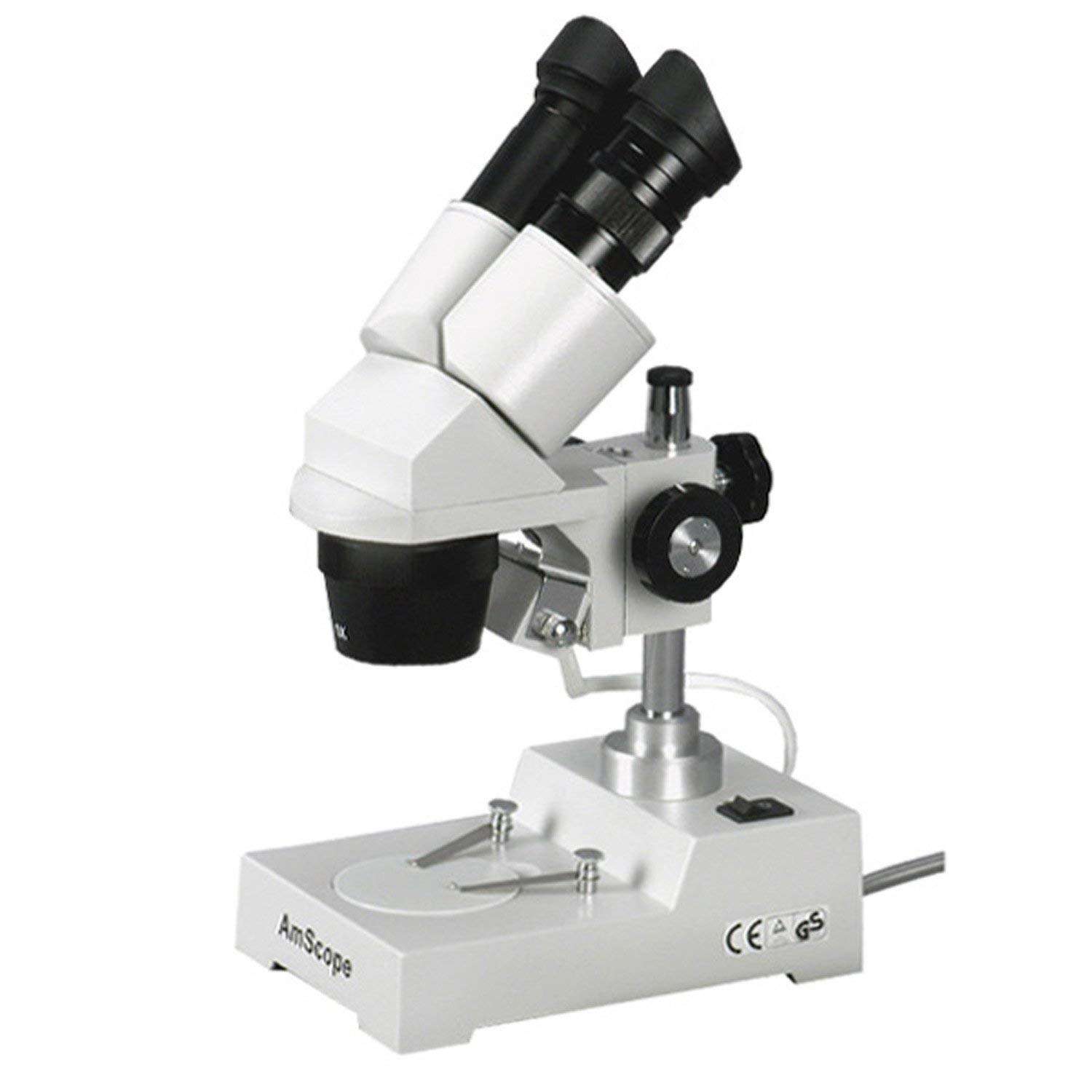 AmScope SE303-P Binocular Stereo Microscope, WF10x Eyepieces, 10X and 30X Magnification, 1X and 3X Objectives, Tungsten Lighting, Reversible Black/White Stage Plate, Pillar Stand, 110V 1