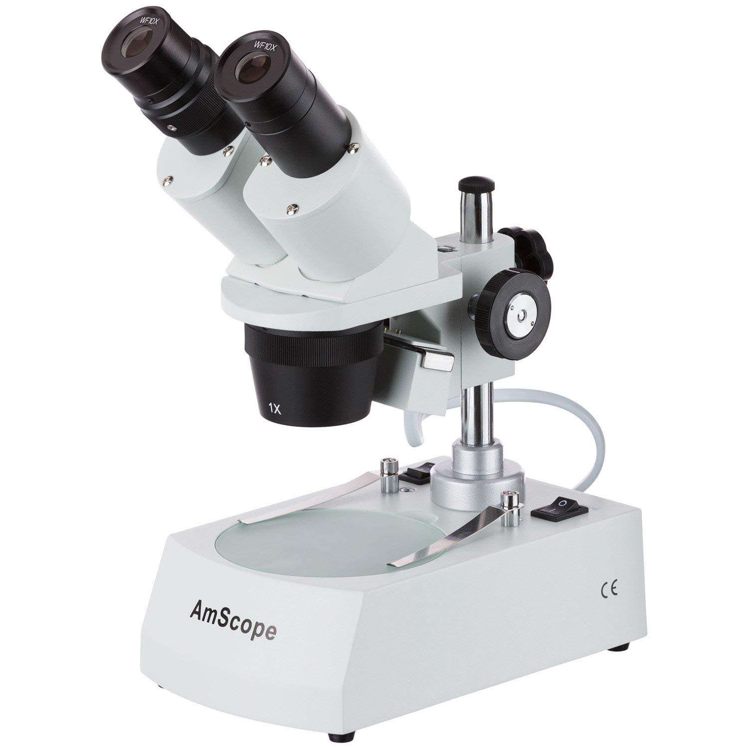 AmScope SE305R-P Forward-Mounted Binocular Stereo Microscope, WF10x Eyepieces, 10X and 30X Magnification, 1X and 3X Objectives, Upper and Lower Halogen Lighting, Reversible Black/White Stage Plate, Pillar Stand, 120V 4