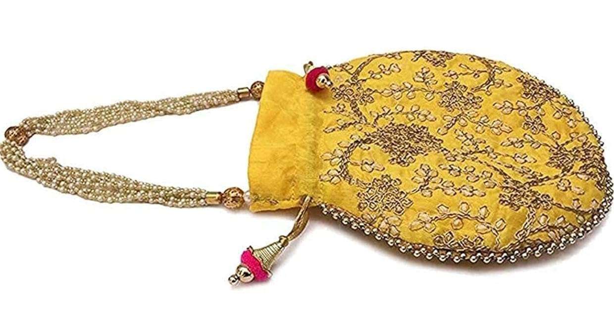 Embroidered Potli Bag | Leaf Floral Design With Moti Handle Batwa Bag | Traditional Shagun Potli for Return Gifts | Ideal for Mehandi, Haldi, Baby Shower, Wedding, Sangeet (5) 6