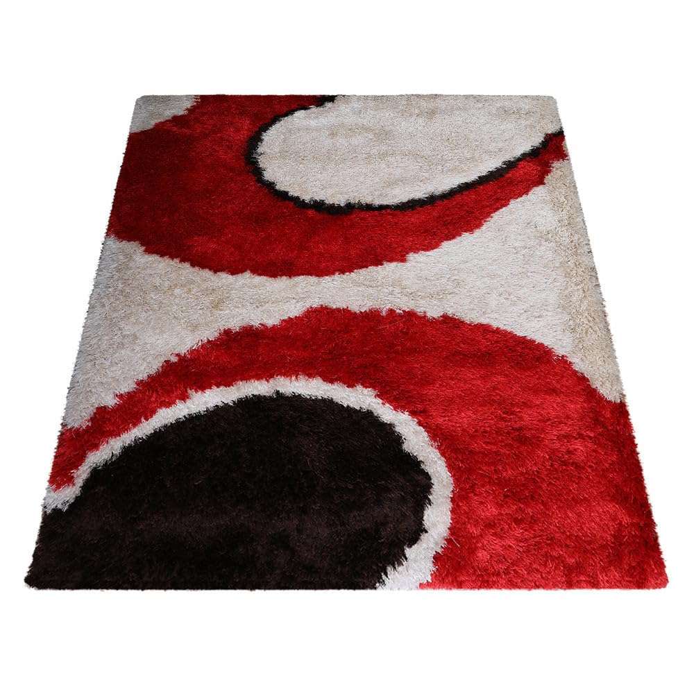 Hand Tufted SHAG Polyester ECO-Friendly Area Rugs - 4'x6', Rectangle, Red Ivory, Contemporary Modern Design, High Pile Thick Handmade Anti Skid Rugs for Living Room K00034 4