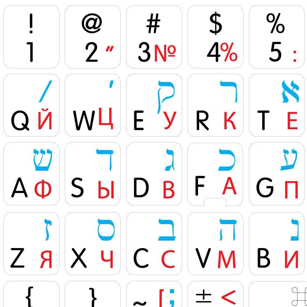 MAC English-Russian Cyrillic-Hebrew Keyboard Stickers ON White Background 1