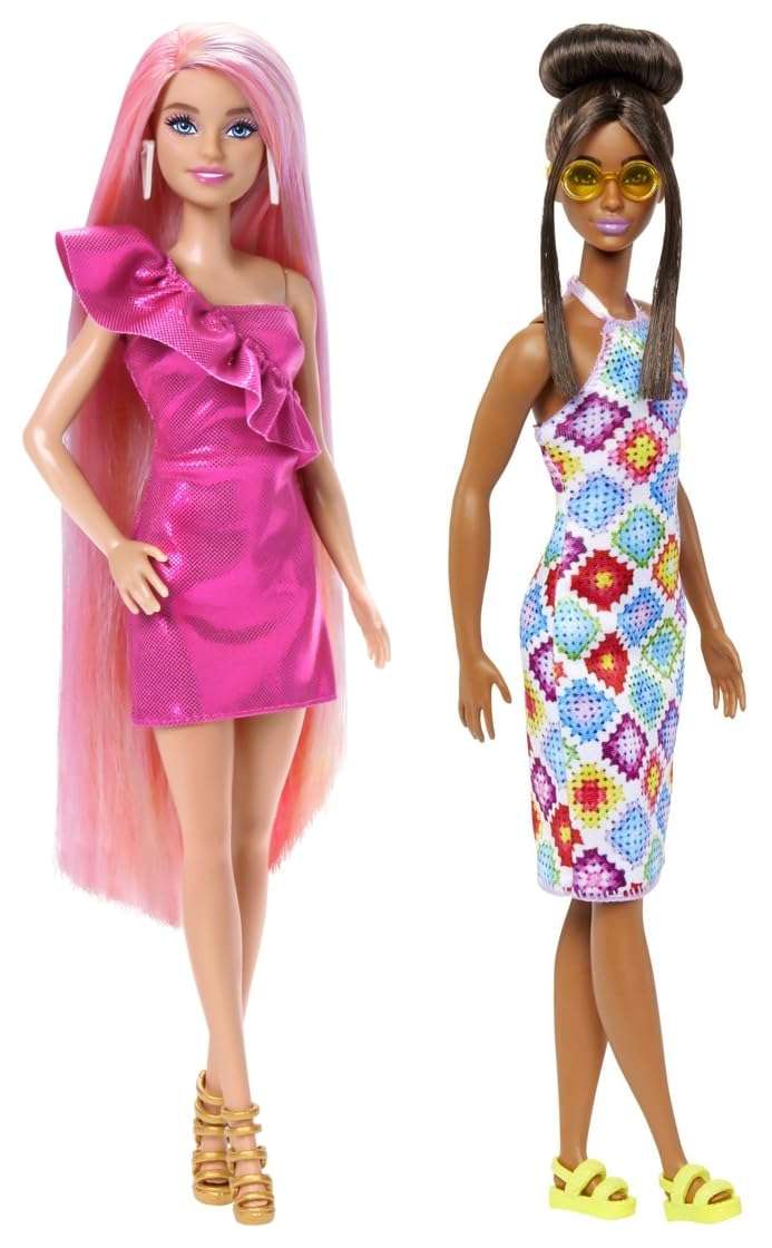 Barbie® Doll, Fun & Fancy™ Hair with Extra-Long Colorful Blonde Hair and Glossy Pink Dress Fashionistas™ Doll #210 with Brown Hair in Bun 1
