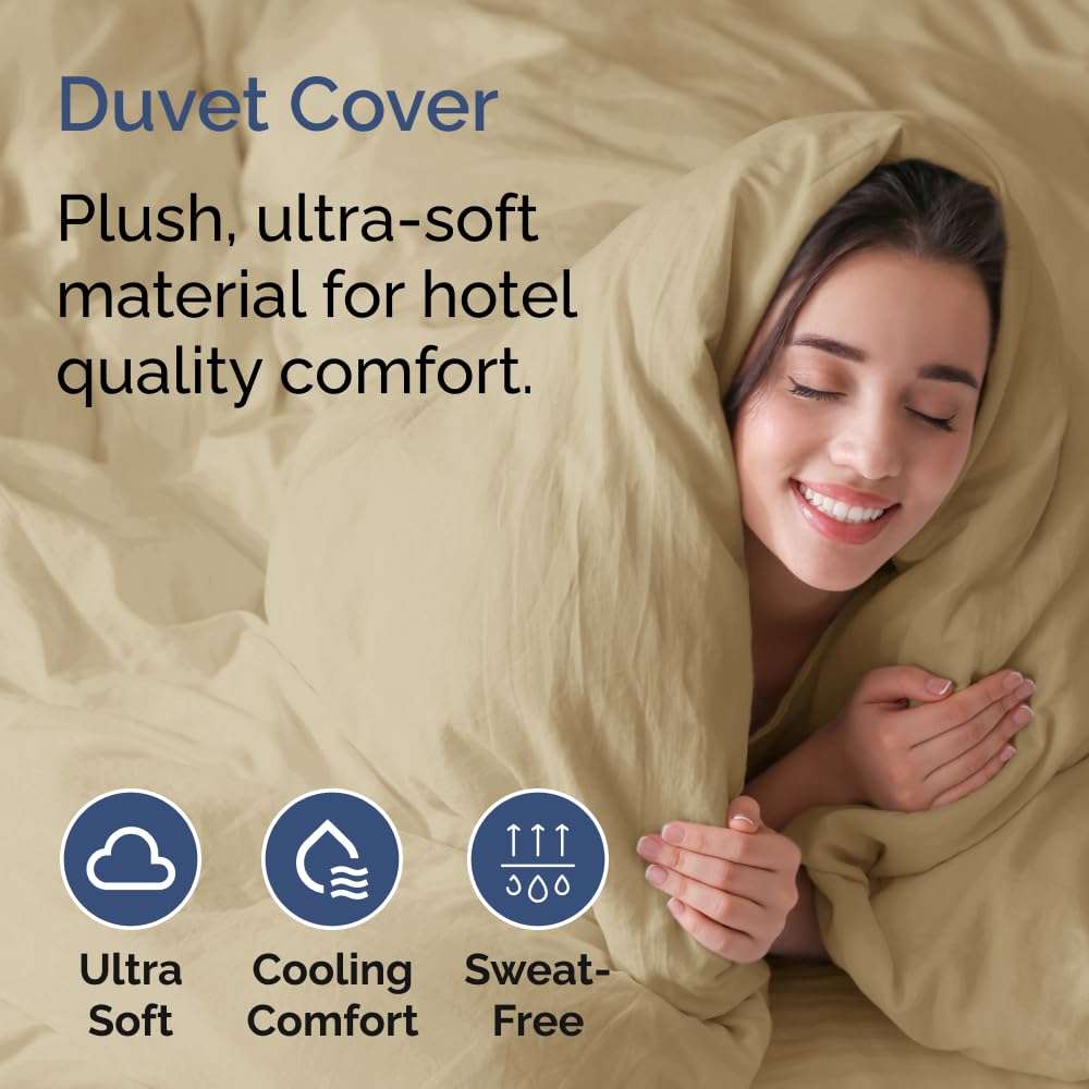 Cal King Size Flat Bed Sheet + Duvet Cover Bundle - Hotel Luxury Single Flat Bottom Sheet Only - Fits Mattresses with Deep Pockets between 8 to 16 inches - Soft, Breathable and Wrinkle Free - Beige 3