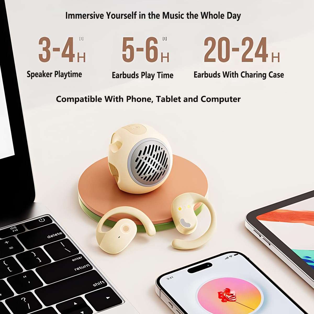 Wireless Open Ear Bluetooth Headphones, 2 in 1 open ear earbuds with Mini Portable Bluetooth Speaker,OWS Hanging Earphones, Air Conduction Over Ear Earbuds Out of Ear (2 in 1 With Speaker, Beige) 5