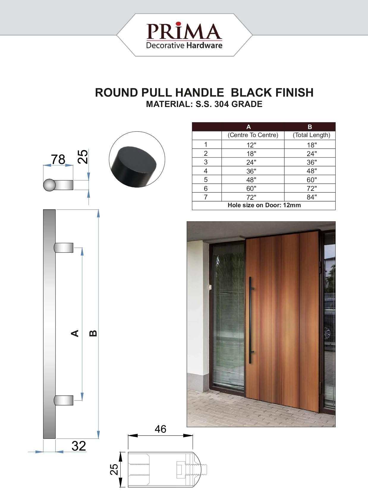 Prima Decorative - 72 Inches Door Pull Round Stainless Steel Back to Back Side Mount Bar Pull Handle for Entry Door Hardware Round 'H' Type/Ladder Type - Black 4
