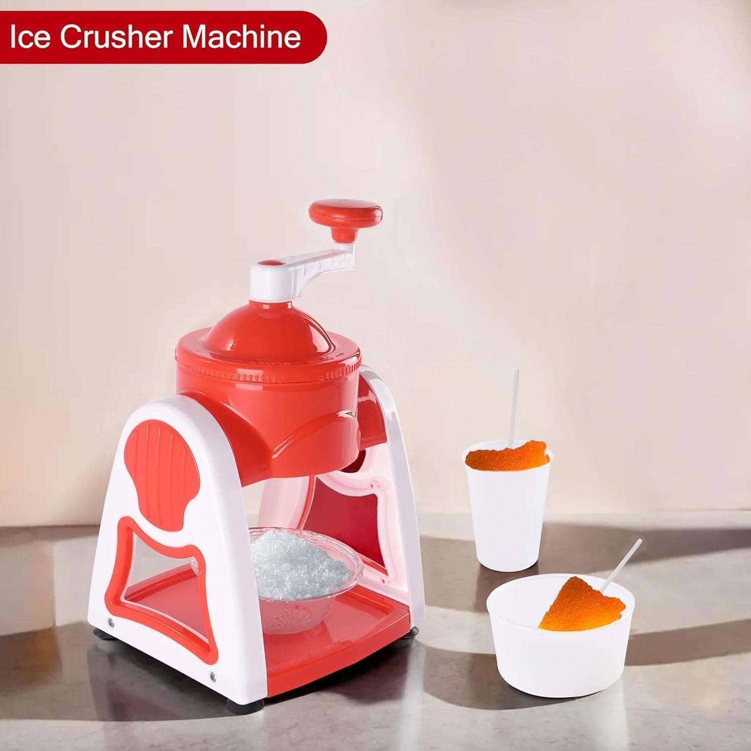 VENQUER Manual Ice Gola Maker and Ice Crusher, Snow Cone and Slush Maker Machine with Sharp Blades, Red and White, Includes 3 Bowls, 1 Glass, 6 Sticks and Serving Dish 4